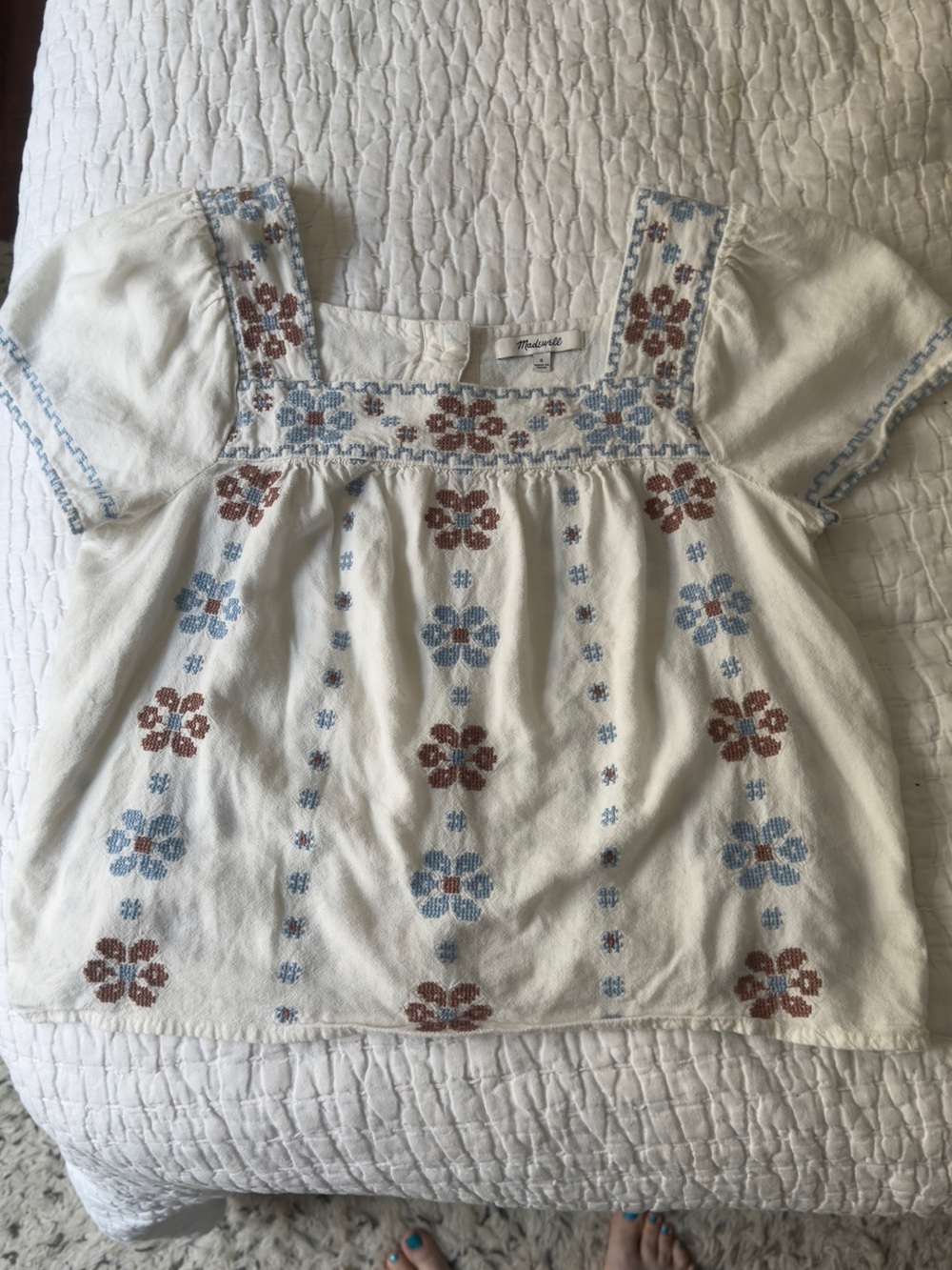 Madewell Cream Peasant Top with Blue & Brown Floral Embroidery